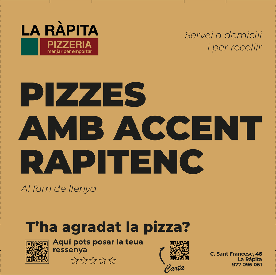 La Ràpita pizza box lid: «Pizzes amb accent rapitenc», wood-fired, with QR codes for the menu and reviews